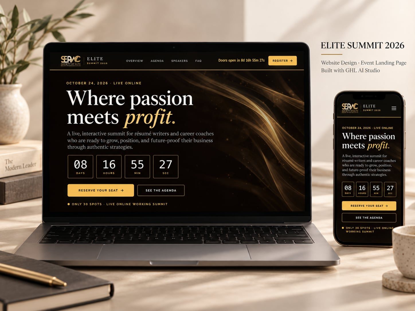 Elite Summit 2026 event landing page with a countdown timer, shown on a laptop and a phone
