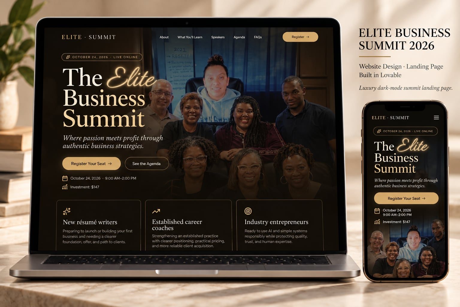 Elite Business Summit 2026 landing page shown on a laptop and a phone