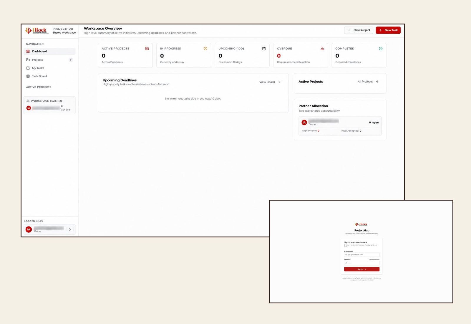 ProjectHub workspace dashboard and sign-in screen for iRock Executive Talent Partners