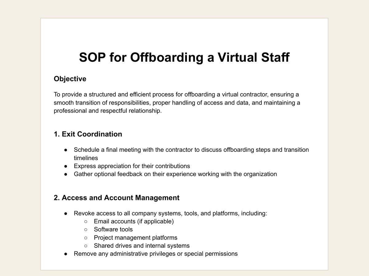 Preview of the offboarding a virtual staff member document