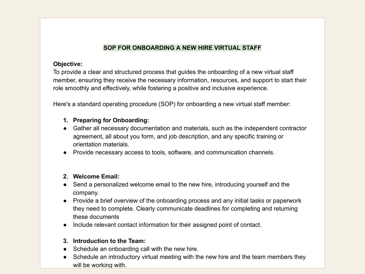 Preview of the onboarding a new virtual staff member document